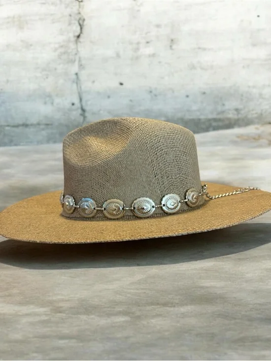 Stetson Tan Straw Fedora with Silver Concho Band - Picture 3 of 5